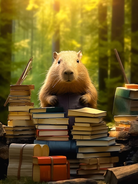 Todo el cuerpo de CapyBara Mouse con un montón de libros aísla el fondo del bosque generado por Ai