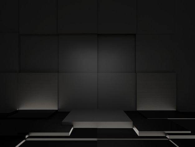 Todo o fundo preto e pódio Pódio de palco quadrado com fundo de grade e luz LED para exibição do produto 3D Render