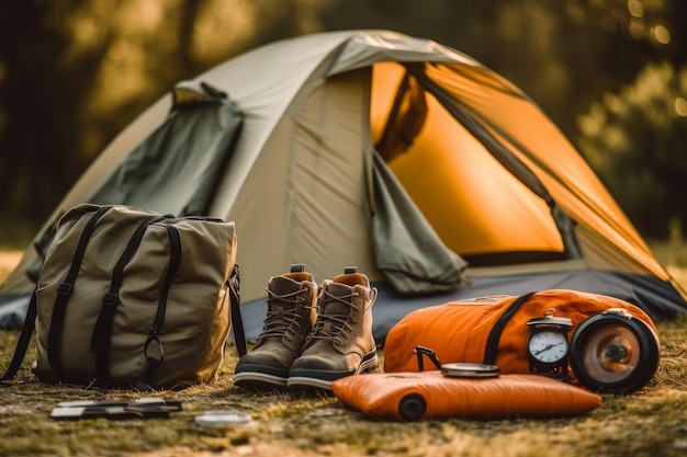 Foto todos os tipos de equipamentos de acampamento foto minimalista de cores neutras