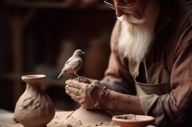 Töpfermeister hält Vogelskulptur Kunst traditioneller Künstler Töpferzeug Spielzeug Generate Ai