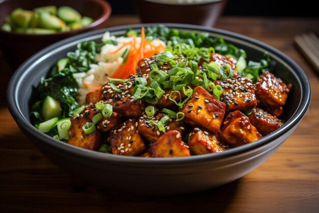 Foto tofu bibimbap con salsa de gochujang en el cuenco