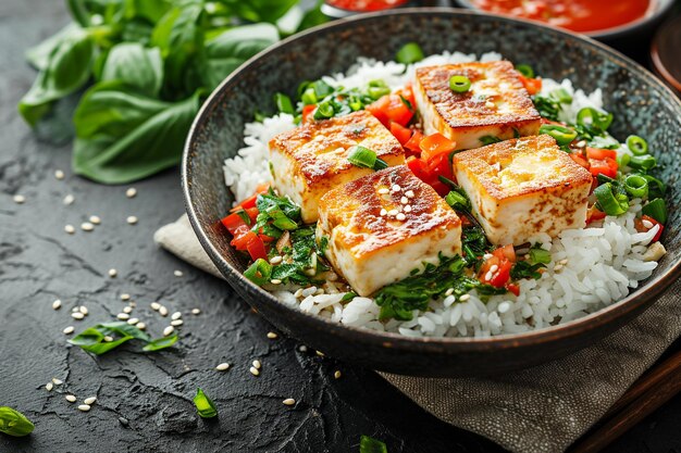 Tofu cocido saludable con salsa y arroz