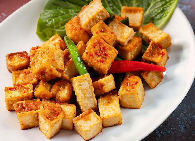 Tofu frito com fatias de pimentão