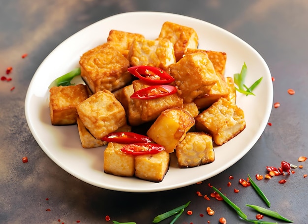 Foto tofu frito com fatias de pimentão