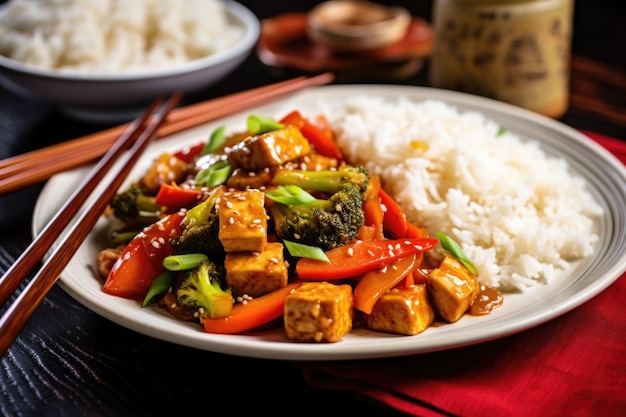 Tofu frito con un lado de arroz al vapor blanco