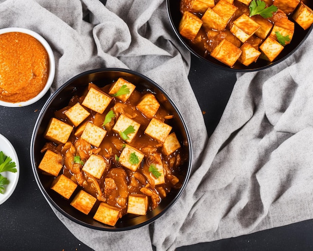 Tofu frito na tigela, comida vegetariana