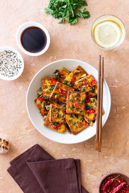 Foto tofu frito con pimientos ajo y hierbas comida vegetariana alimentación saludable dieta