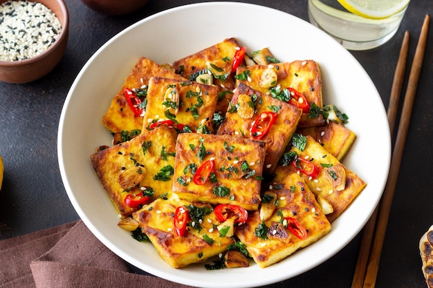 Foto tofu frito con pimientos ajo y hierbas comida vegetariana alimentación saludable dieta