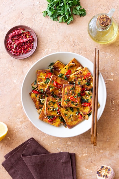 Tofu frito con pimientos ajo y hierbas comida vegetariana alimentación saludable dieta