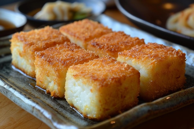 Tofu frito en salsa agridulce con pimienta de Sichuan y verduras en un plato blanco