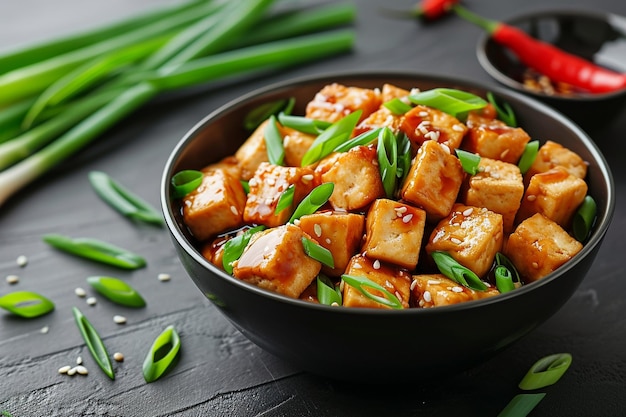 Tofu in Teriyaki-Sauce mit Frühlingszwiebeln, Chilischoten und Sesam, Vogelfutter, vegetarisches Essen, gesund