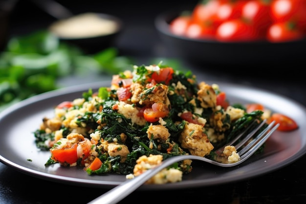 Tofu mexido com ovos mexidos, tomate e coentro criado com IA generativa