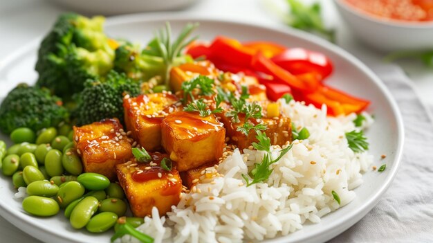 Foto tofu mit reis und gemüse auf einem weißen teller