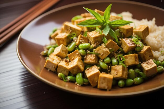 Foto tofu-pfanne mit edamame und knoblauch