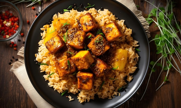 Tofu picante y sabroso con arroz y guisantes IA generativa