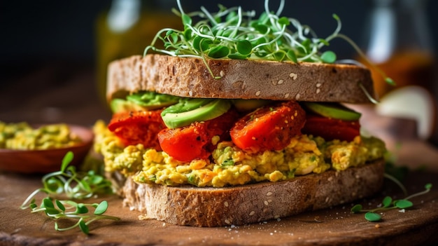 Tofu-Scramble-Sandwich, serviert auf Vollweizenrolle