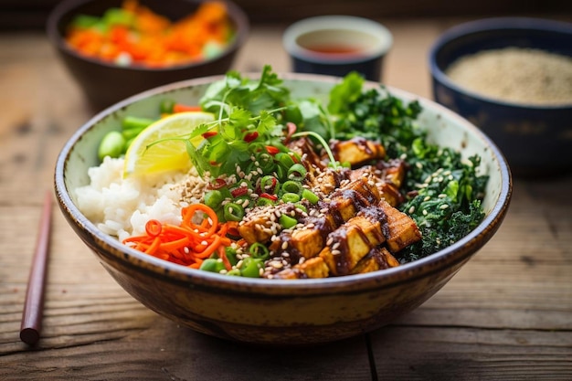 El tofu de sésamo Teriyaki Donburi