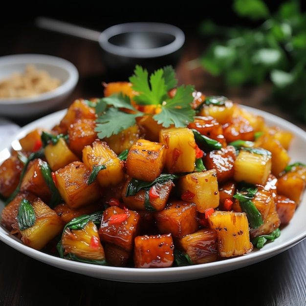 Tofu tailandés salpicado dulce y agrio Tofu salpicado con pimientos piñones piña comida tailandesa