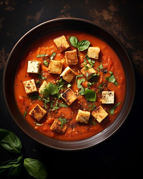 Foto tofu vegano en sopa de tomate capturado