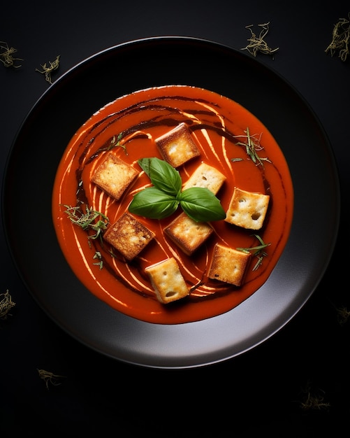 Foto tofu vegano en sopa de tomate capturado