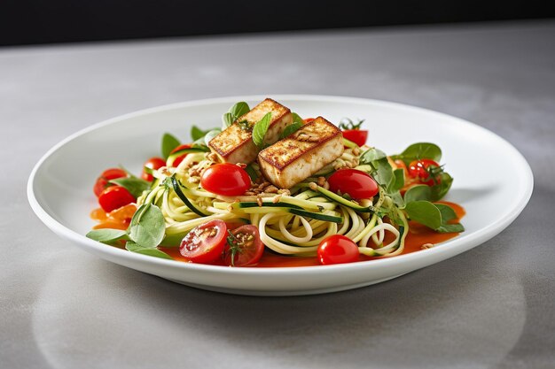 Tofu-Zoodle-Zucchini-Nudelsalat mit Dressing