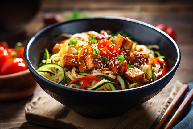 Foto tofu zoodle zucchini salada de macarrão com molho