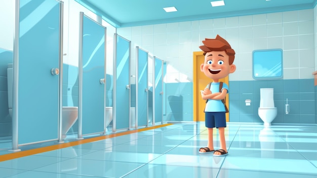 Foto toilette in der schule mit sauberem boden und fliesen cartoon junge wc mit spiegel modernem hintergrund kinder in uniform waschen sich die hände im wc mit seife