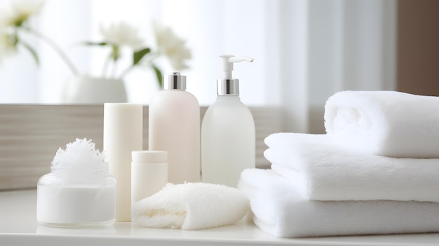 Toilettenartikel, Seifenhandtuchcremes und Lotionen auf verschwommenem weißem Badezimmer-Spa-Hintergrund