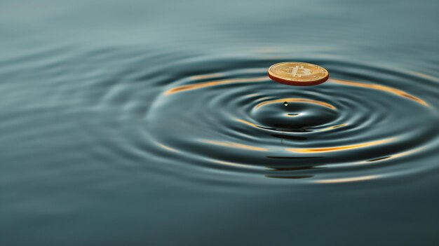 Foto el token de bitcoin está precariamente equilibrado creando ondas en la superficie reflectante del agua.