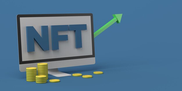 Token não fungível nft em ascensão no computador para arte criptográfica com ilustração 3d de moedas copiar espaço