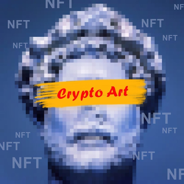 Token NFT y estatua de mármol de criptoarte en galería digital