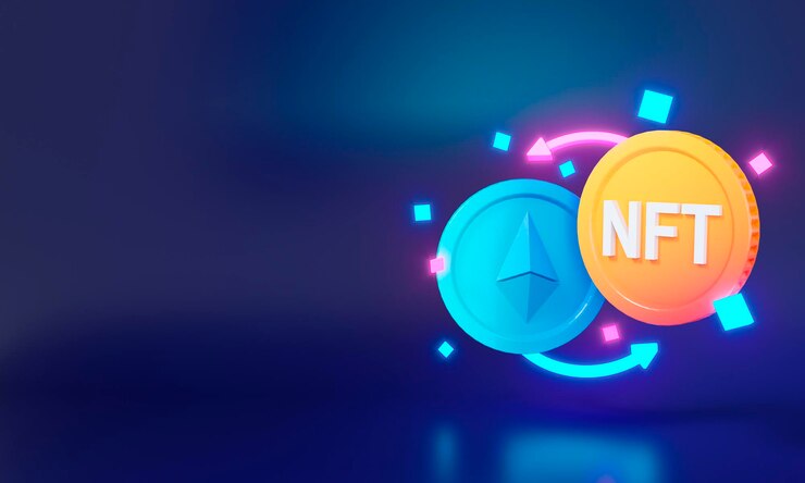 Token nft no fungible para arte criptográfico sobre fondo azul con ethereum basado en blockchain y ...
