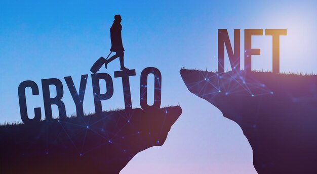Token NFT no fungible. Tecnología de cadena de bloques de moneda criptográfica, concepto futuro de arte criptográfico. Nuevo concepto de ciberespacio e innovación. Foto de silueta de hombre