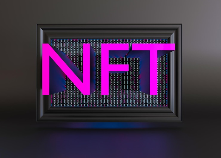 Foto token no fungible de nft creación de venta de criptoarte digital en el mercado de nft venta de juegos, personajes, activos de cadena de bloques y obras de arte digitales criptomonedas futuras y comercio electrónico render 3d
