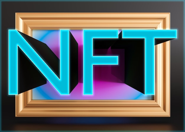 Token no fungible de NFT Creación de venta de criptoarte digital en el mercado de NFT Venta de juegos, personajes, activos de cadena de bloques y obras de arte digitales Criptomonedas futuras y comercio electrónico Render 3d