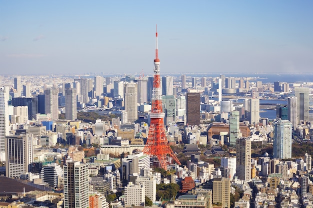 Tokio, Japan - 10. Februar 2016, Stadtbild von Tokio mit Tokyo Tower das zweithöchste Bauwerk