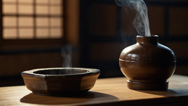 Tokuri de cerámica en una bandeja de madera con el vapor que se eleva del sake caliente