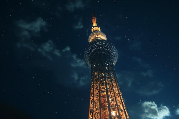 EL Tokyo Sky Tree ubicado en la ciudad de Tokio, el edificio más alto de Japón, brilla intensamente en el cielo nocturno
