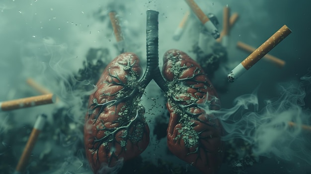 Foto el toll of tobacco un par de pulmones humanos rodeados por un remolino de humo que se desintegra bajo la influencia destructiva de los cigarrillos, simbolizando los efectos dañinos del tabaquismo en la salud respiratoria.