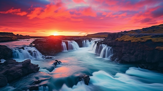 Tolle Aussicht auf den Wasserfall mit farbenfrohem Himmel beim Sonnenuntergang Wunderbare Naturlandschaft