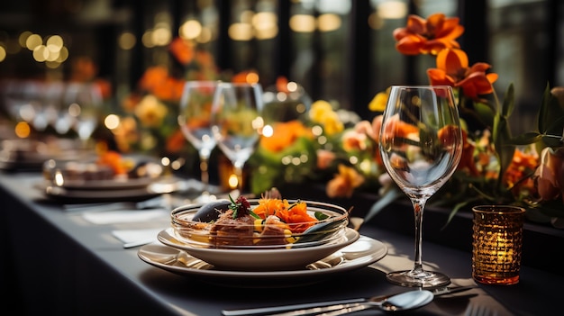 Tolle Hochzeitstischdekoration mit Blumen auf Holztischen