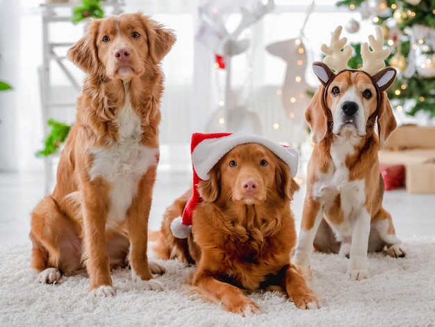 Toller retrievers y beagle en Navidad