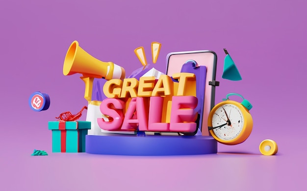 Tolles Rabatt-Banner-Design mit Verkaufstextphrase auf lila und rosa Hintergrund mit Geschenkbox-Shopp