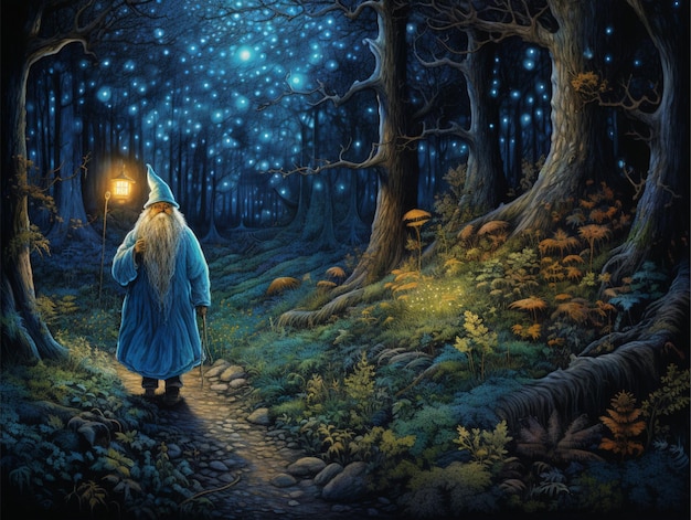 tom bombadil dando un paseo por el bosque durante la noche luna azul en el cielo coloreada con lápiz