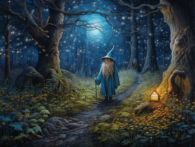 tom bombadil dando un paseo por el bosque durante la noche luna azul en el cielo coloreada con lápiz