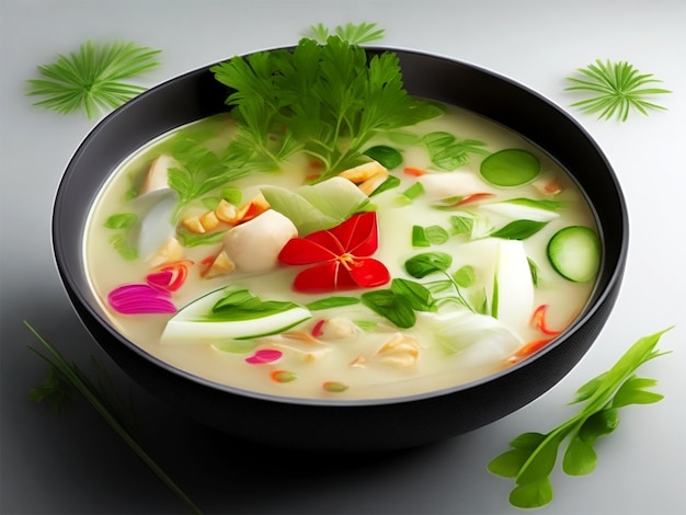 Tom Kha Kai in einer Schüssel mit Kaffernlimettenblättern