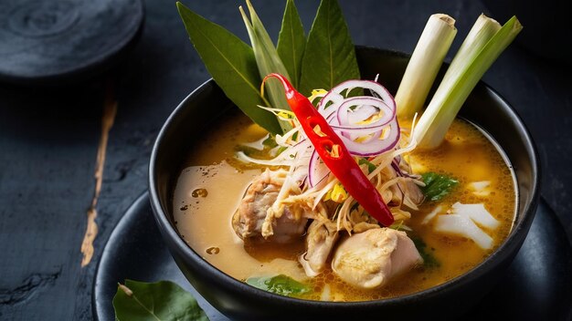 Tom kha kai en un tazón con hojas de lima kaffir hierba de limón cebolla roja galangal y chile