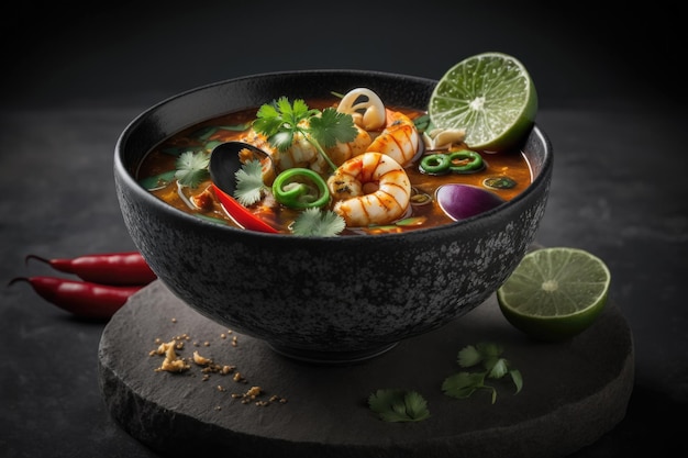 Tom Yam kung Sopa tailandesa picante Ilustración IA generativa