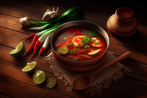 Tom Yam-Suppe mit Meeresfrüchten auf schwarzer Schüssel auf grauem Holztisch Generative Ai