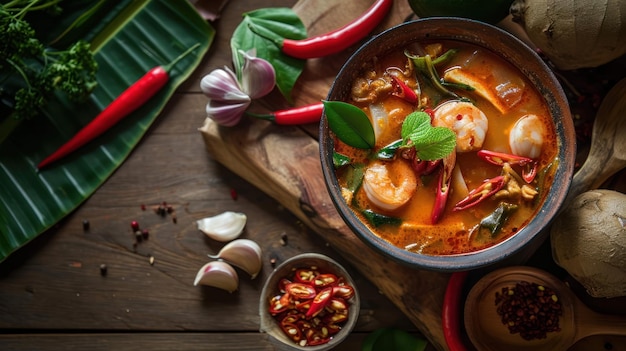 Tom Yum con carne de cerdo contra una cocina tailandesa rústica